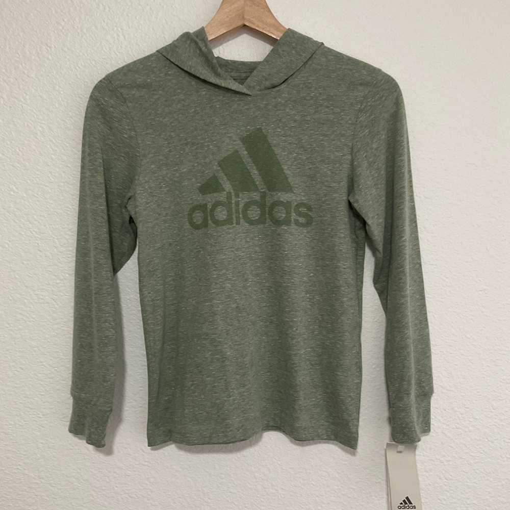 Adidas Boys Long Sleeve T-Shirt Hoodie Army Green Heathered Pullover Size S